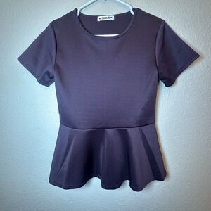 Women Short Sleeve Round Neck Stretch Business Classic Peplum Top, Dark Purple M